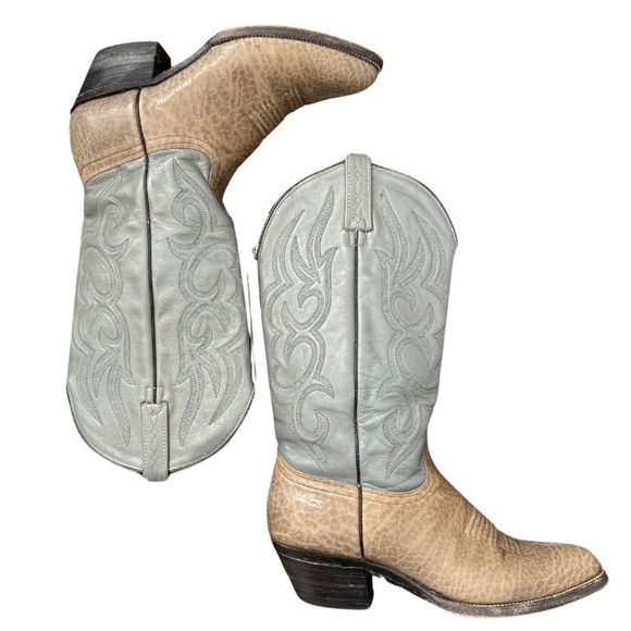 Vintage UNIQUE Green Blue Leather Western Cowboy Boot Women's Size 9 - Picture 2 of 8